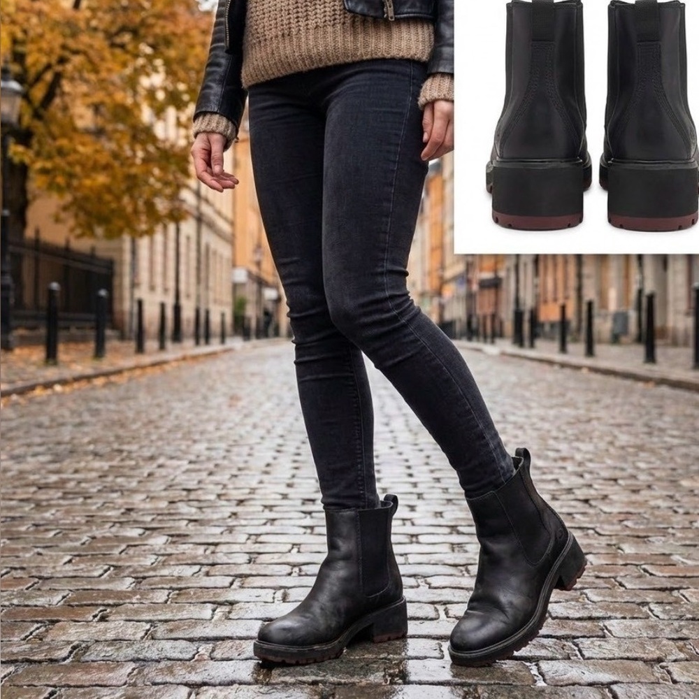 Timberland Kori Park Chelsea boots black leather block heel and red sole Sz 9.5 - Picture 2 of 10